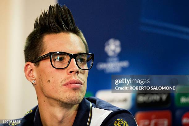 Napoli's midfielder Marek Hamsik looks on during a press conference following a training session at SSC Napoli's training facility in Castelvolturno...