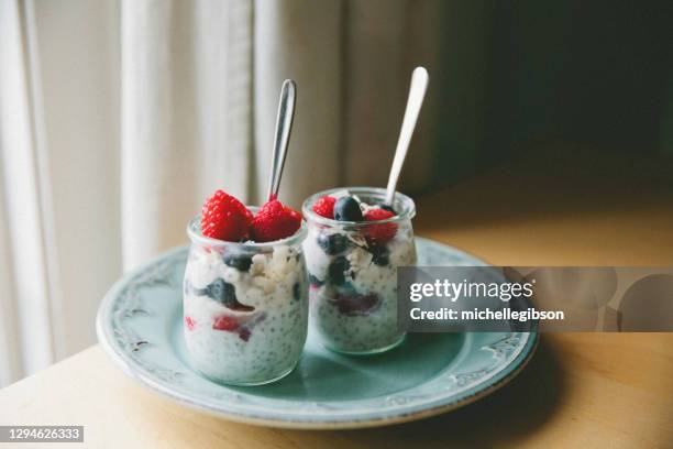 chia seed pudding - pudding stock pictures, royalty-free photos & images