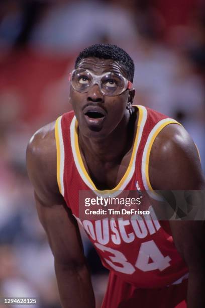 Hakeem Olajuwon, Center for the Houston Rockets during the NBA Midwest Division basketball game against the Denver Nuggets on 5th April 1991 at the...