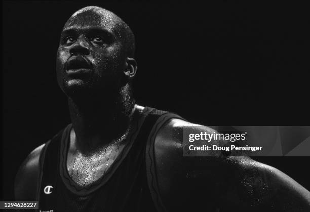 This image has been converted to black and white) Shaquille O'Neal, Center for the United States men's national basketball team during the Group A...