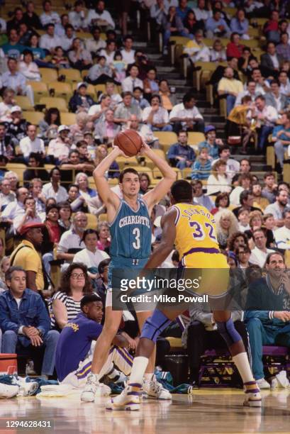Rex Chapman, Point Guard and Shooting Guard for the Charlotte Hornets and Magic Johnson of the Los Angeles Lakers during their NBA Pacific Division...