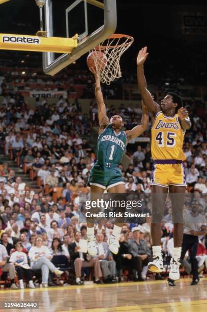 Muggsy Bogues, Point Guard for the Charlotte Hornets attempts a lay up shot to the basket over A.C. Green, Power Forward for the Los Angeles during...