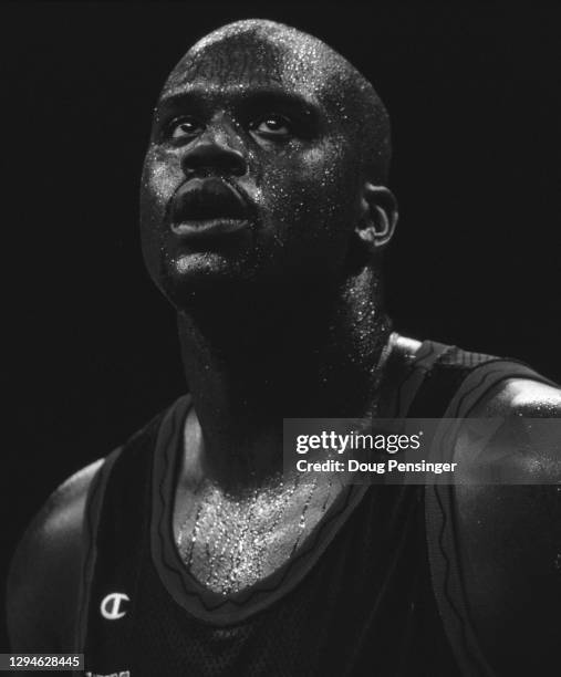 This image has been converted to black and white) Shaquille O'Neal, Center for the United States men's national basketball team during the Group A...