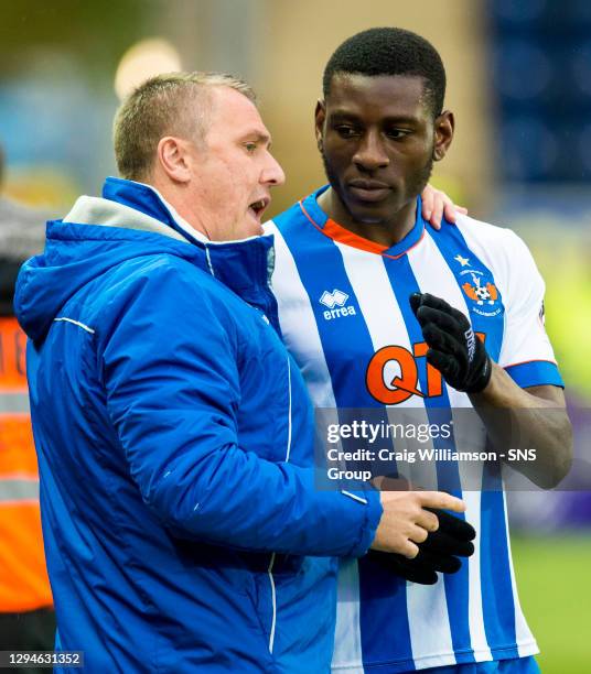 Kilmarnock manager Lee Clark chats with Tope Obadeyi