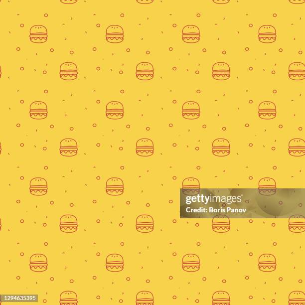 fun and modern seamless pattern of a cheese burger or hamburger on a funky bright orange background stock illustration - burger backgrounds stock illustrations