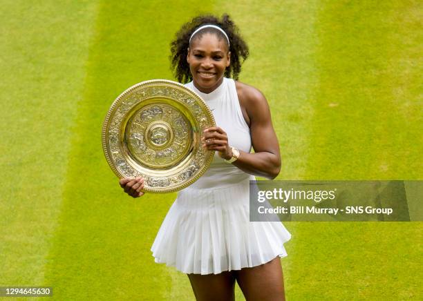 Serena WILLIAMS v Angelique KERBER .WIMBLEDON - LONDON .Serena Williams lifts her Wimbledon title having won in straight sets