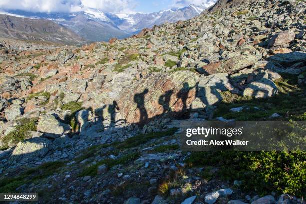 shadows of an expedition group walking along rocky terrain in swiss alps - landslide stock pictures, royalty-free photos & images