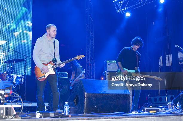 Michael James and Munaf Rayani of Explosions in the Sky perform on Day 2 of the Treasure Island Music Festival 2011 on October 16, 2011 in San...