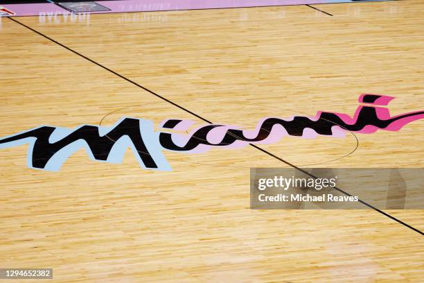 Detail of the Miami Heat "Vice Versa" logo on the court during the game against the Oklahoma City Thunder at American Airlines Arena on January 04,...