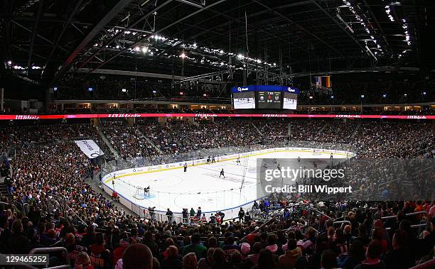 View from above as the Buffalo Sabres play against the Los Angeles Kings at the 2011 Compuware NHL Premiere at O2 World Arena on October 8, 2011 in...