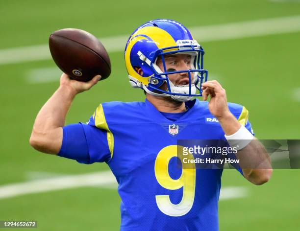 John Wolford of the Los Angeles Rams warms up before the game against the Arizona Cardinals at SoFi Stadium on January 03, 2021 in Inglewood,...