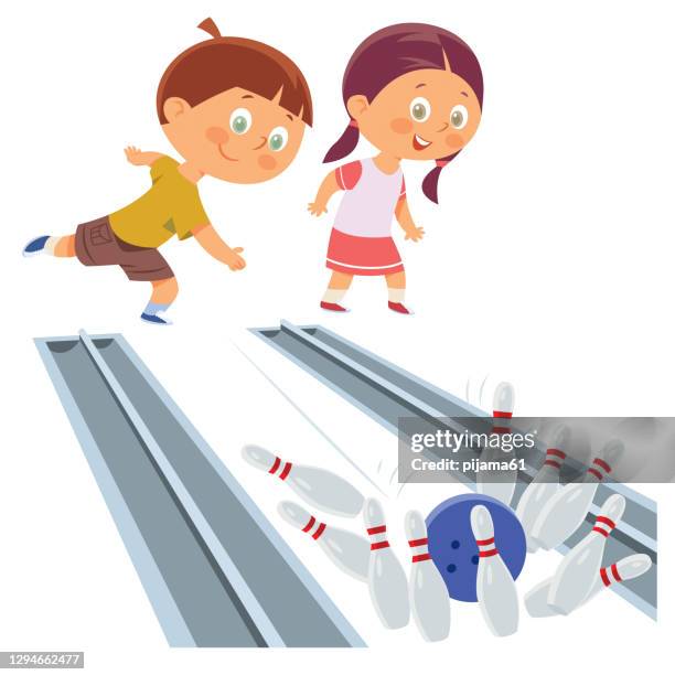 children throwing bowling ball at the pins - kids bowling stock illustrations