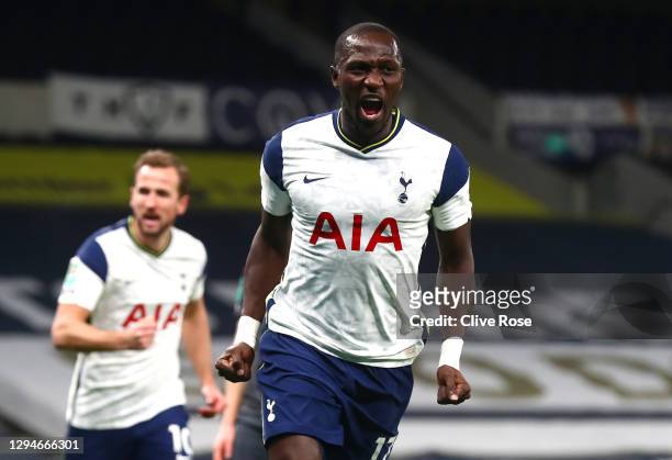 Moussa Sissoko of Tottenham Hotspur celebrates after scoring their team's first goal during the Carabao Cup Semi Final between Tottenham Hotspur and...