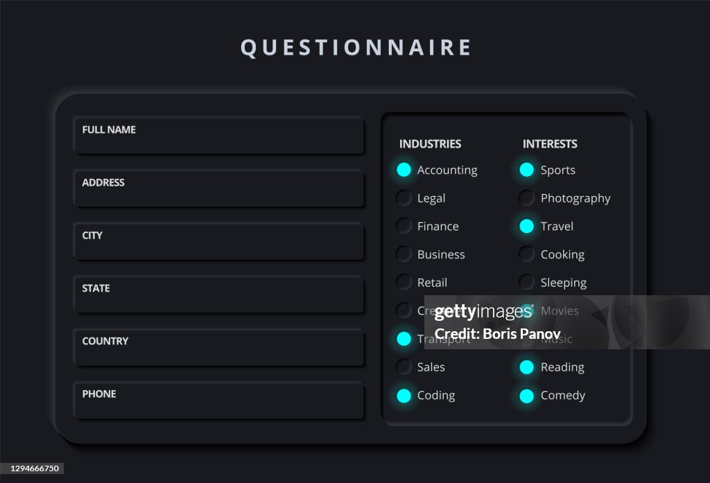 Fragebogen oder UmfrageFormular mit Checkbox und Dateneingabe Benutzeroberfläche für mobile App oder Website in clean and Modern Dark Skeuomorphism und Neumorphism Graphic Style für Nachtmodus UI-Vorlage