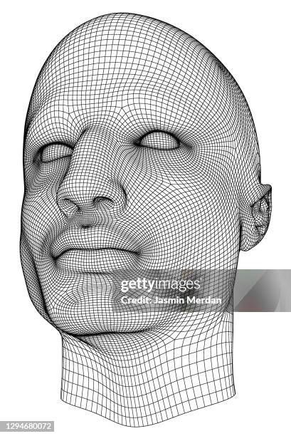 man face in wireframe lines isolated on white - faces grid stock pictures, royalty-free photos & images