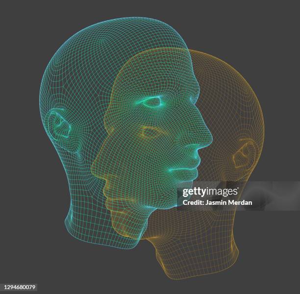 virtual reality 2 faces: abstract visualization of artificial intelligence - 3d models stock-fotos und bilder