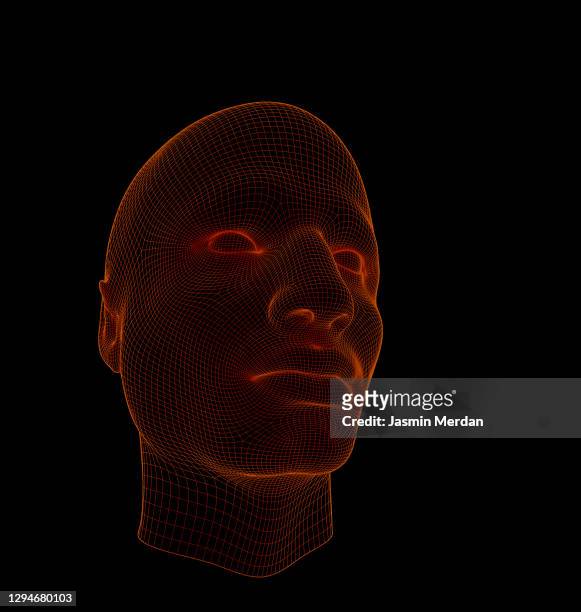 virtual reality face mesh concept: abstract visualization of artificial intelligence - wire frame model stock-fotos und bilder