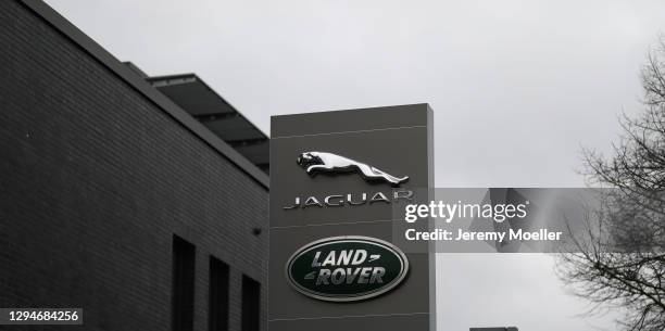 View of Jaguar and Land Rover signs on January 05, 2021 in Hamburg, Germany.