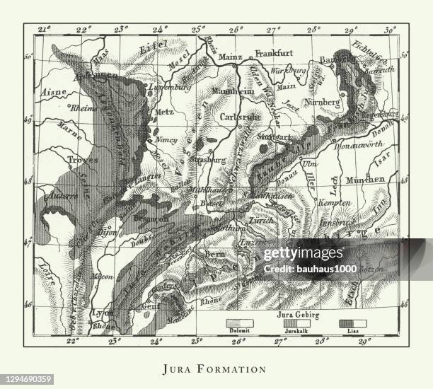 engraved antique, jura formation, special geognosy engraving antique illustration, published 1851 - rock salt stock illustrations