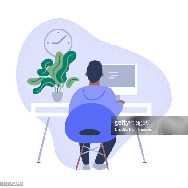 stockillustraties, clipart, cartoons en iconen met illustratie van persoon die in proper modern bureau werkt - clock person desk
