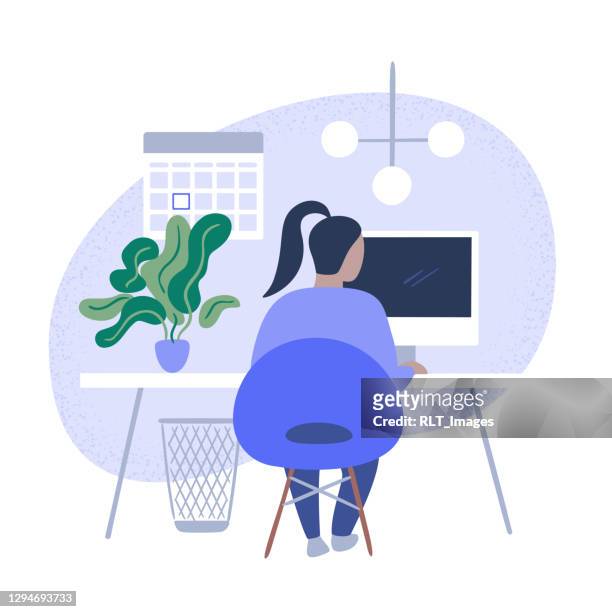 stockillustraties, clipart, cartoons en iconen met illustratie van persoon die in proper modern bureau werkt - computer