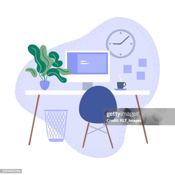bildbanksillustrationer, clip art samt tecknat material och ikoner med illustration av prydlig modern kontorsarbetsyta - skrivbord