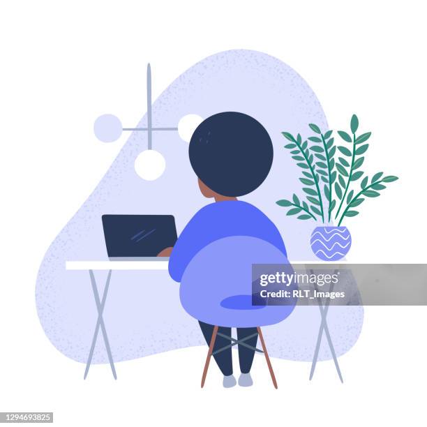 ilustrações de stock, clip art, desenhos animados e ícones de illustration of person working in tidy modern office - mulher computador