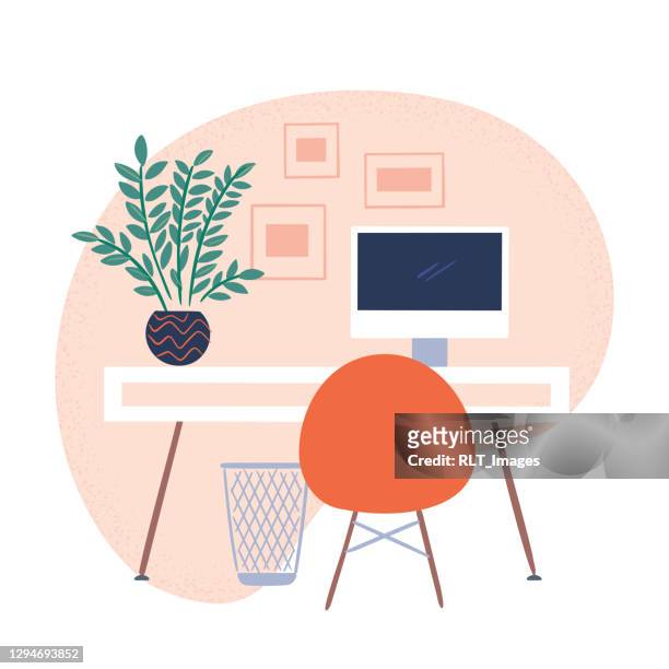 illustration of tidy modern office workspace - picture frame desk stock illustrations