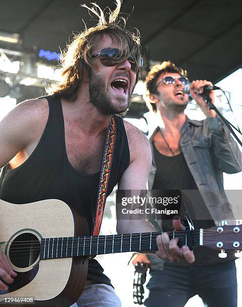 Josiah Johnson and Jonathan Russell of The Head and The Heart perform during day 2 of the 2011 Treasure Island Music Festival on October 16, 2011 in...