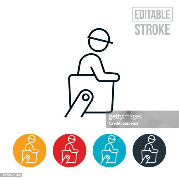 utility worker on arial work platform thin line icon - editable stroke - cherry picker stock illustrations