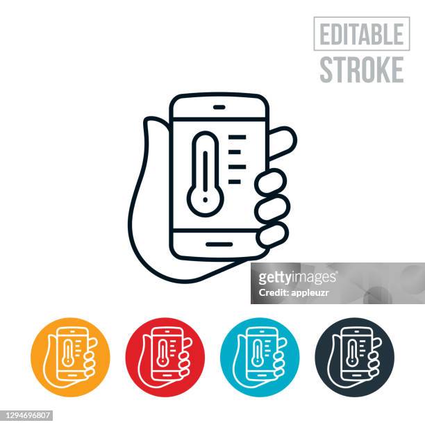 smart home hvac automation thin line icon - editable stroke - holding smart phone stock illustrations