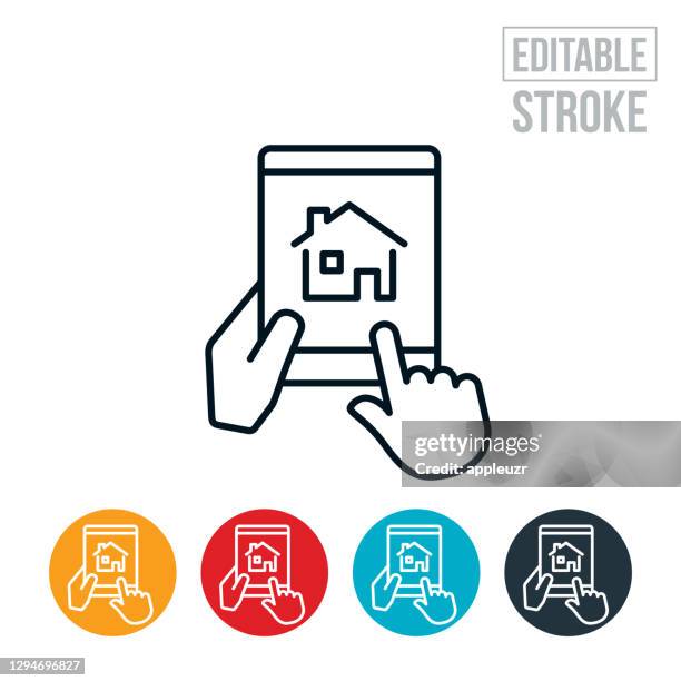 smart home automation from tablet pc thin line icon - editable stroke - tablet hands stock illustrations