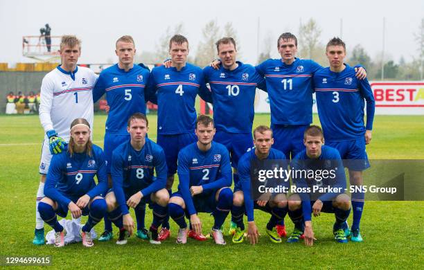 V SCOTLAND U21 .AKRANESVOLLUR STADIUM, AKRANES - ICELAND .BACK ROW: Iceland's Goalkeeper Runar Runarsson, Hjortur Hermannsson, Orri Omarsson, Aron...