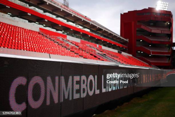 General view of empty stands before a first leg semifinal match between River Plate and Palmeiras as part of Copa CONMEBOL Libertadores 2020 at...