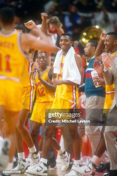 Steve Hood of the Maryland Terrapins looks on from the bench during a college basketball game against the Duke Blue Devils on January 15, 1988 Cole...