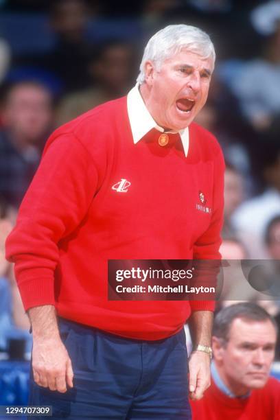 Head coach Bobby Knight of the Indiana Hoosiers reacts to a call during a first round NCAA Tournament basketball game against the Oklahoma Sooners on...