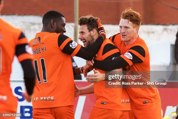 V DUNDEE UNITED.PALMERSTON PARK - DUMFRIES.Dundee Unitedâ€™s Tony Andreu celebrates with Tope Obadeyi after he scores his sideâ€™s second goal