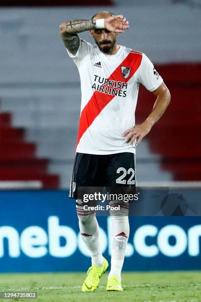 Javier Pinola of River Plate reacts after losing a first leg semifinal match between River Plate and Palmeiras as part of Copa CONMEBOL Libertadores...