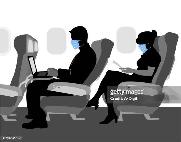 ilustrações, clipart, desenhos animados e ícones de máscaras médicas de viagem de avião - business travel