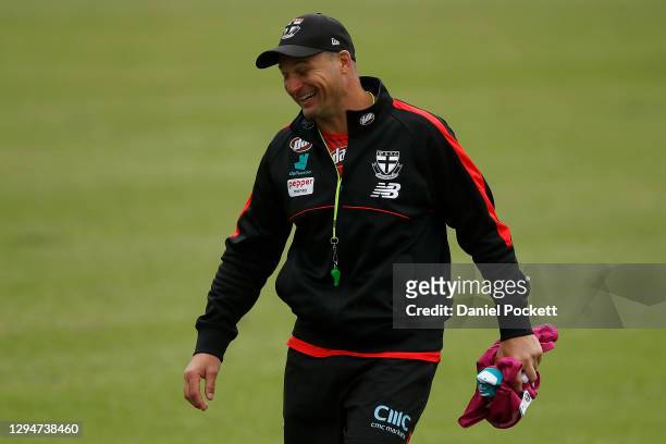 Saints assistant coach Aaron Hamill reacts during a St Kilda Saints AFL training session at Moorabbin Oval on January 06, 2021 in Melbourne,...