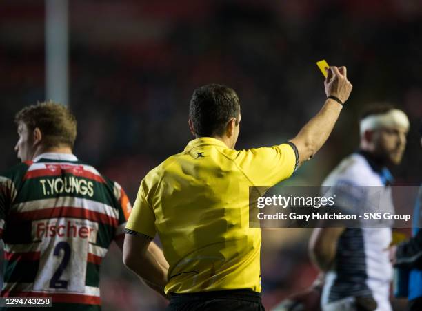 The referee has the yellow card out to send Leicester Tigers' Mathew Tait to the sin bin