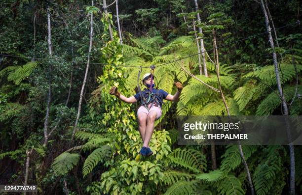latin man on a zip line in costa rica against green foliage - costa rica zipline stock pictures, royalty-free photos & images