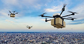 Drone delivery concept. Autonomous unmanned aerial vehicle used to transport packages. 3D rendering.
