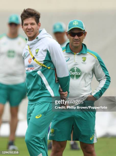 Tim Paine and Justin Langer of Australia look on during an Australian nets session at the Sydney Cricket Ground on January 06, 2021 in Sydney,...