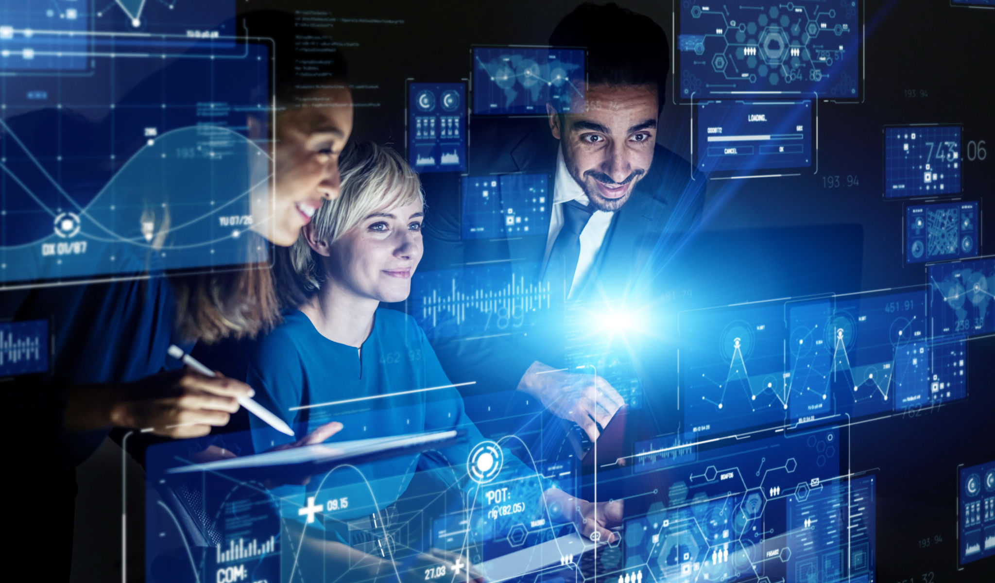 Group of engineer in office. GUI (Graphical User Interface). HUD (Heads up Display). Group of engineer in office. GUI (Graphical User Interface). HUD (Heads up Display).