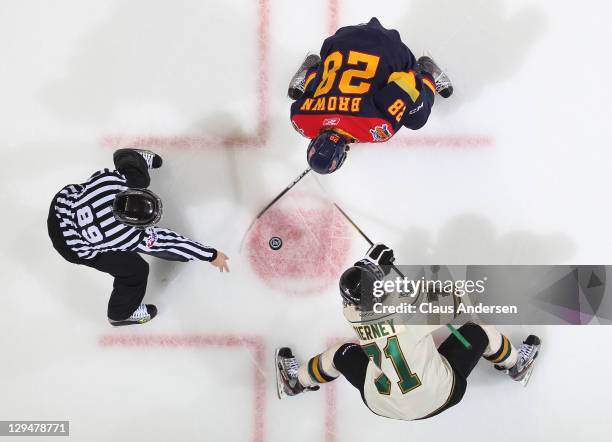 Connor Brown of the Erie Otters takes a faceoff against Chris Tierney of the London Knights in a game on October 14, 2011 at the John Labatt Centre...