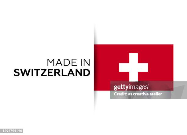 hergestellt im schweizer label, produktemblem. weißer isolierter hintergrund - schweiz stock-grafiken, -clipart, -cartoons und -symbole