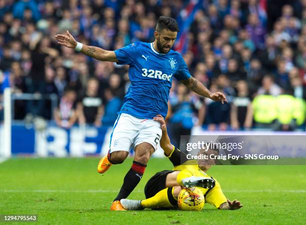 V PROGRES NIEDERKORN .IBROX - GLASGOW .Rangers' Daniel Candeias is tackled by Progres' Olivier Thill
