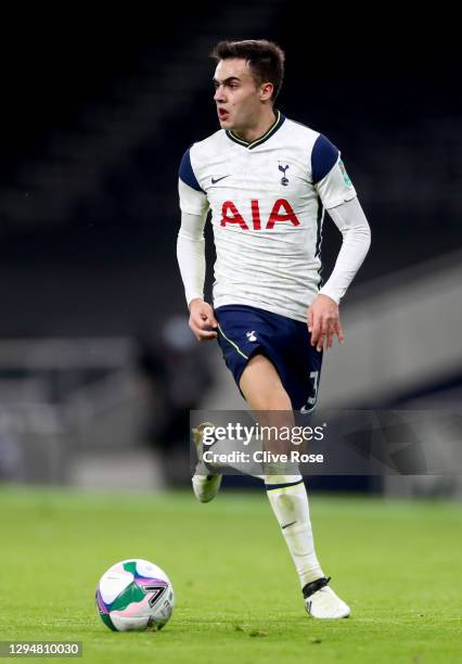 Sergio Reguilon of Tottenham Hotspur in action during the Carabao Cup Semi Final between Tottenham Hotspur and Brentford at Tottenham Hotspur Stadium...