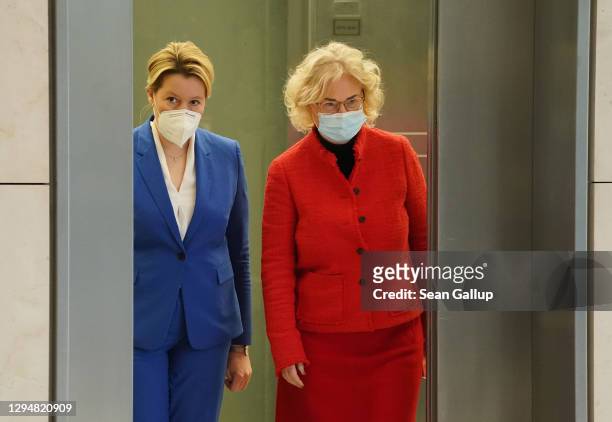 German Justice Minister Christine Lambrecht and Families Minister Franziska Giffey arrive to speak to the media to announce new legislation to...